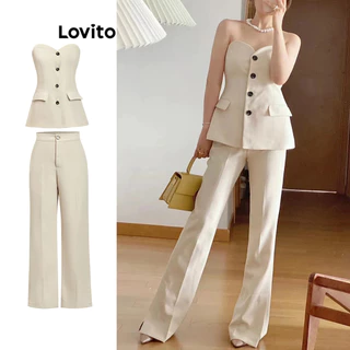 Lovito Casual Conjunto Feminino Liso de Calça com Bolso Fenda e Botão Frontal L74ED284