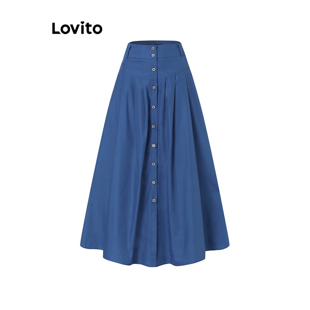 Lovito Saias Lisas com Babados na Linha de Estrutura para Mulheres LNE21259 (Azul)