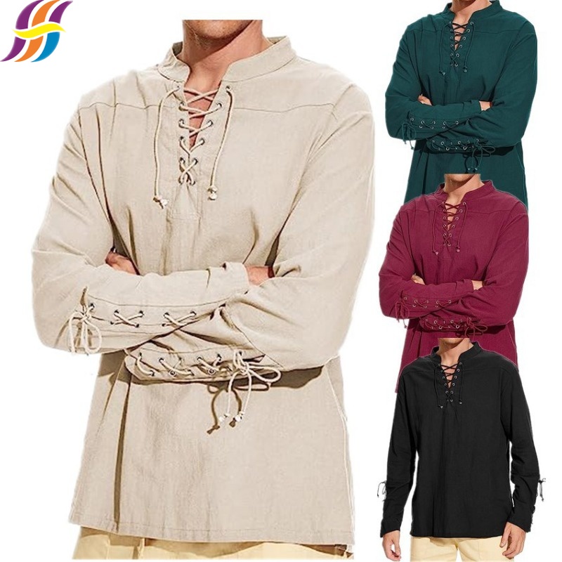 Camisa Pirata Viking Medieval De Manga Longa De Linho Masculino Top Renascentista Steampunk Traje Vitoriano , Vampiro Retro