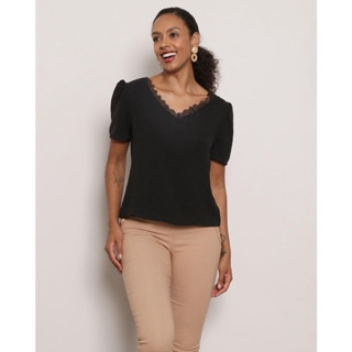 Blusa Feminina Decote V Com Renda Preta