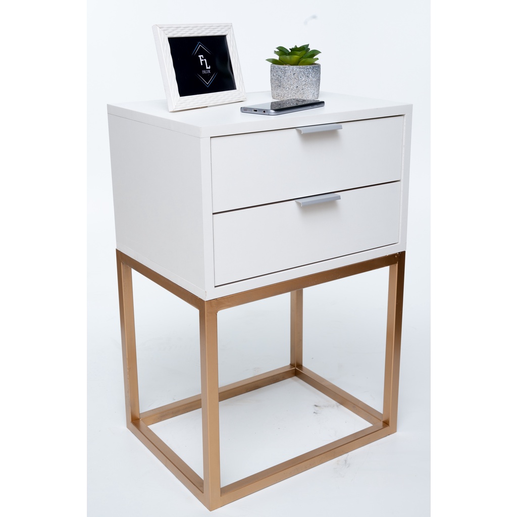 Mesa De Cabeceira Industrial 50 COM 2 GAVETAS BASE DOURADA - Enviamos MONTADO