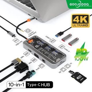 Goojodoq 10 Em 1 Estação De Ancoragem Transparente HUB Tipo C Para Notebook untuk Dell HP MacBook Pro Dock HD PD 3.0 USB RJ45 VGA AUX TF/SD Leitor De Cartões
