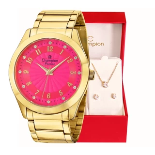 Relógio Champion Feminino Analógico Dourado + Kit Colar e Brincos Original À Prova d