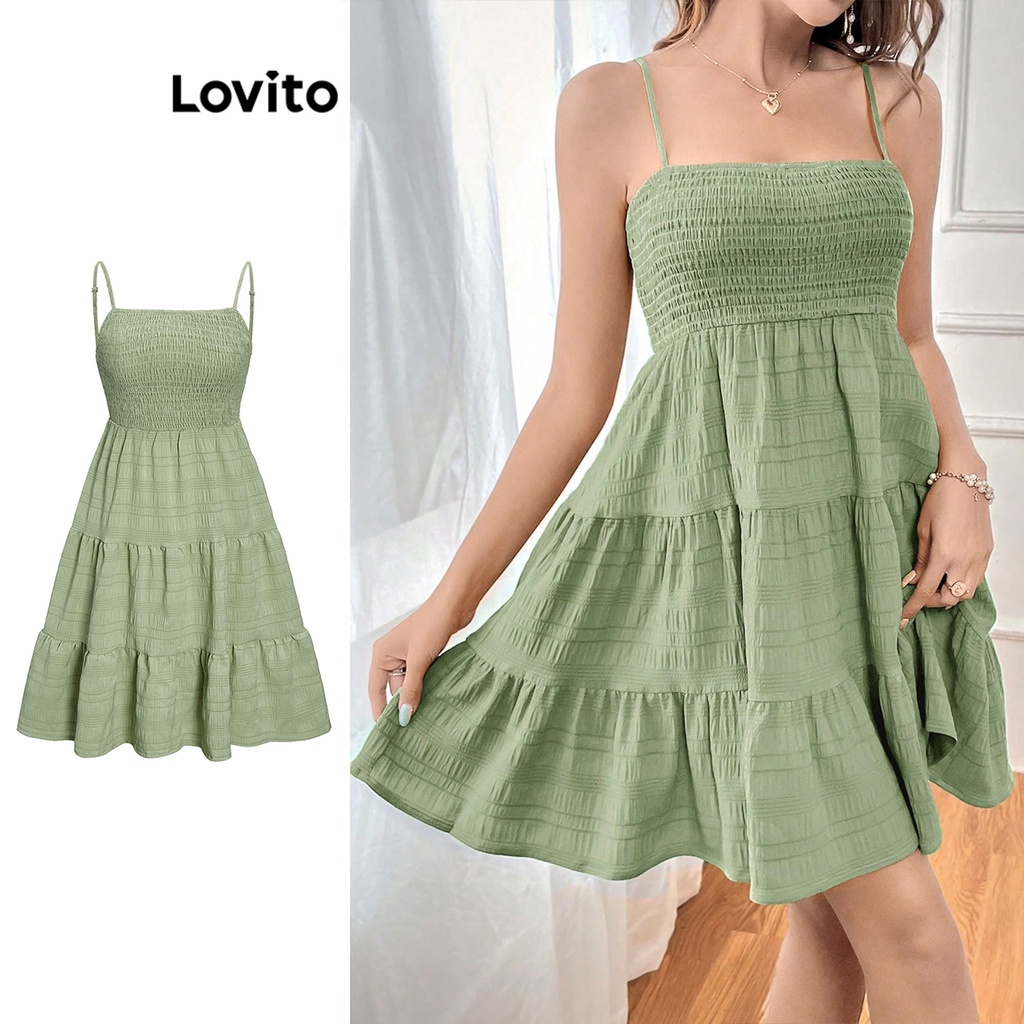 Lovito Boho Vestido Feminino Liso Bata de Camada Dupla L68ED201 (Verde)