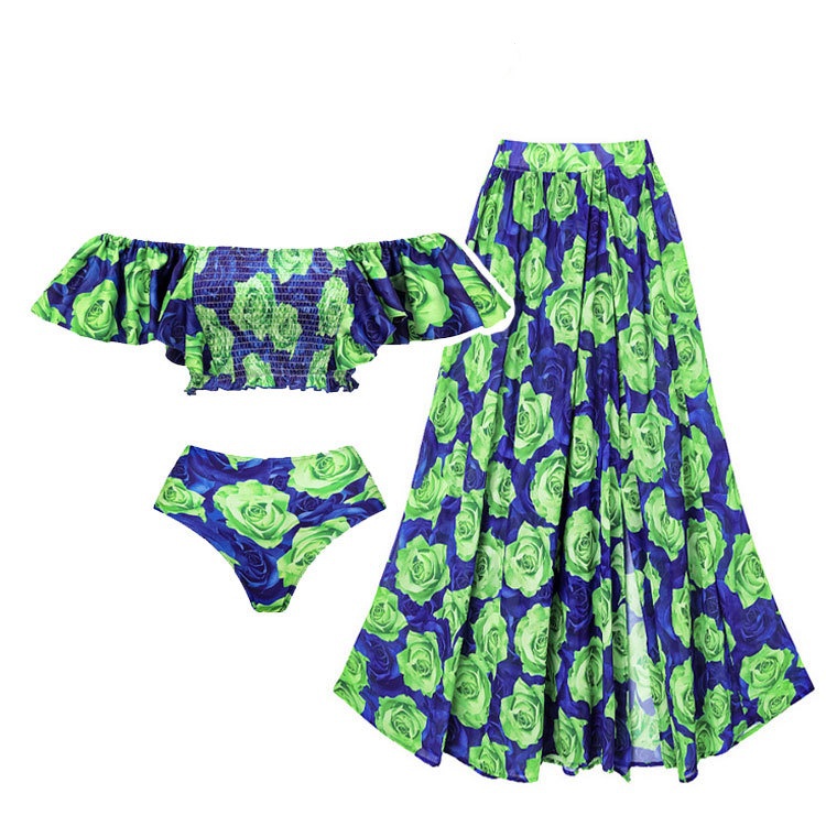 Moda praia três-em-um biquíni maiô feminino verde Sexy Retro cintura ...