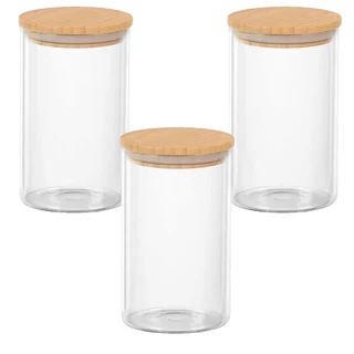 Kit 3 Potes 450ml De Vidro Mantimentos Tampa De Bambu 6,5 x 15cm