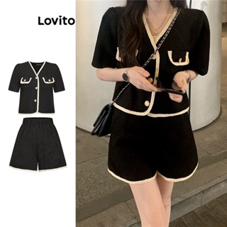 Lovito Conjuntos De Shorts De Tecido Texturizado Casual Com Botão Liso E Contraste Para Mulheres L73AD054