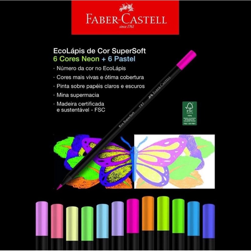 Lápis de Cor 12 Cores Neon e Pastel | Metálicas Super Soft - Faber Castell