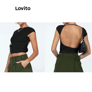 Lovito Casual Camiseta Feminina Lisa com Costas Abertas LNL39052 (Damasco/Azul Claro/Preto)