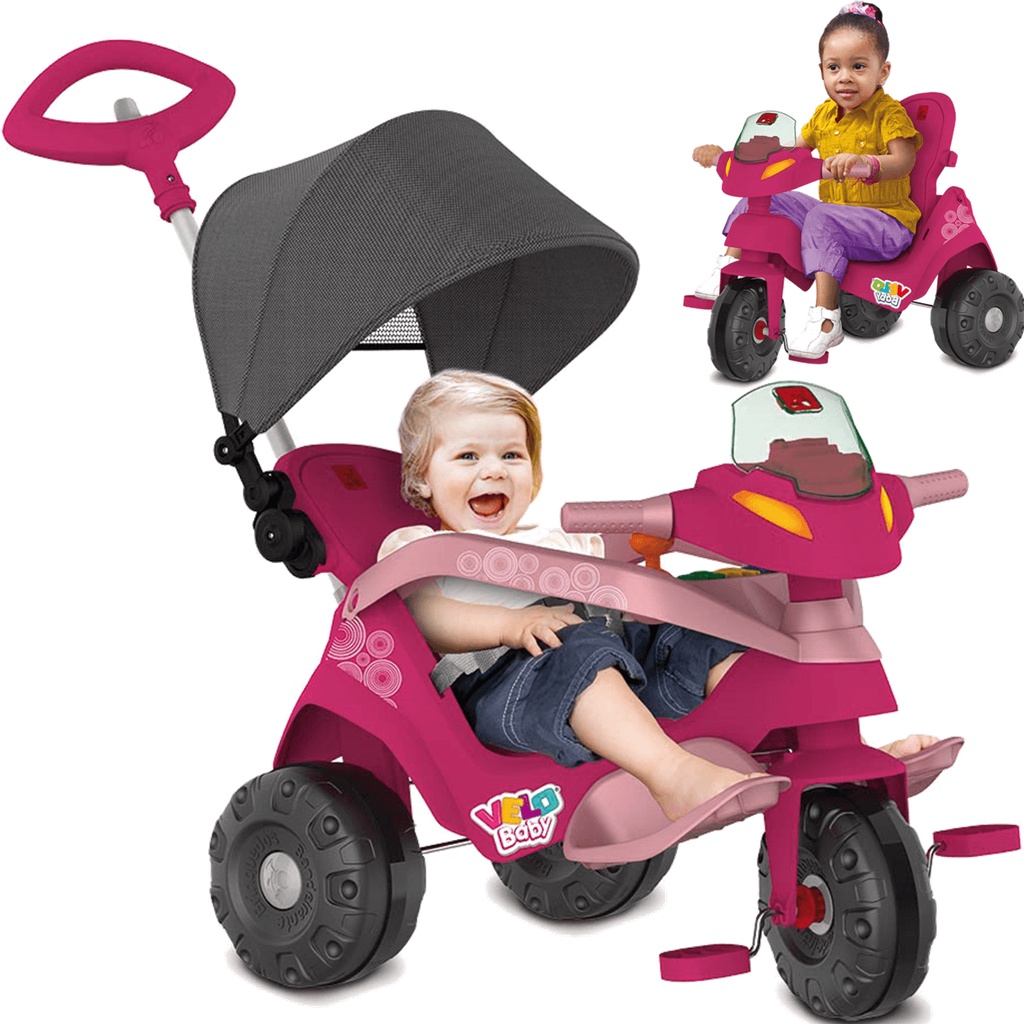 Triciclo Infantil C/ Capota Empurrador E Protetor 1-3 Anos Veloban  Bandeirante