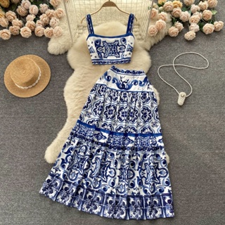 Moda Coreana Feminina Sexy Elegante Fatos De Estampagem Elegantes Verão Tanque Curto Top + Meia Saia De Cintura Alta Conjuntos De Duas Peças