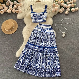 Moda Feminina Sexy Elegante Fatos De Estamparia De Verão Tops De Tanque + Cintura Alta Midi Pleat Half Dress Two Piece Sets