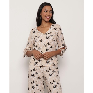 Blusa Feminina Manga 7/8 Viscose Estampada Bege Floral