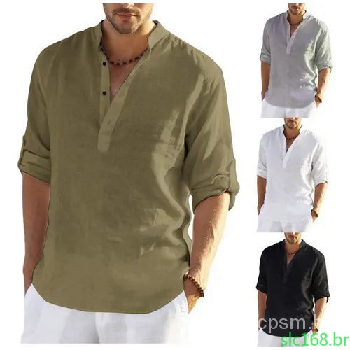 026 Camisa de linho de algodão manga comprida masculina