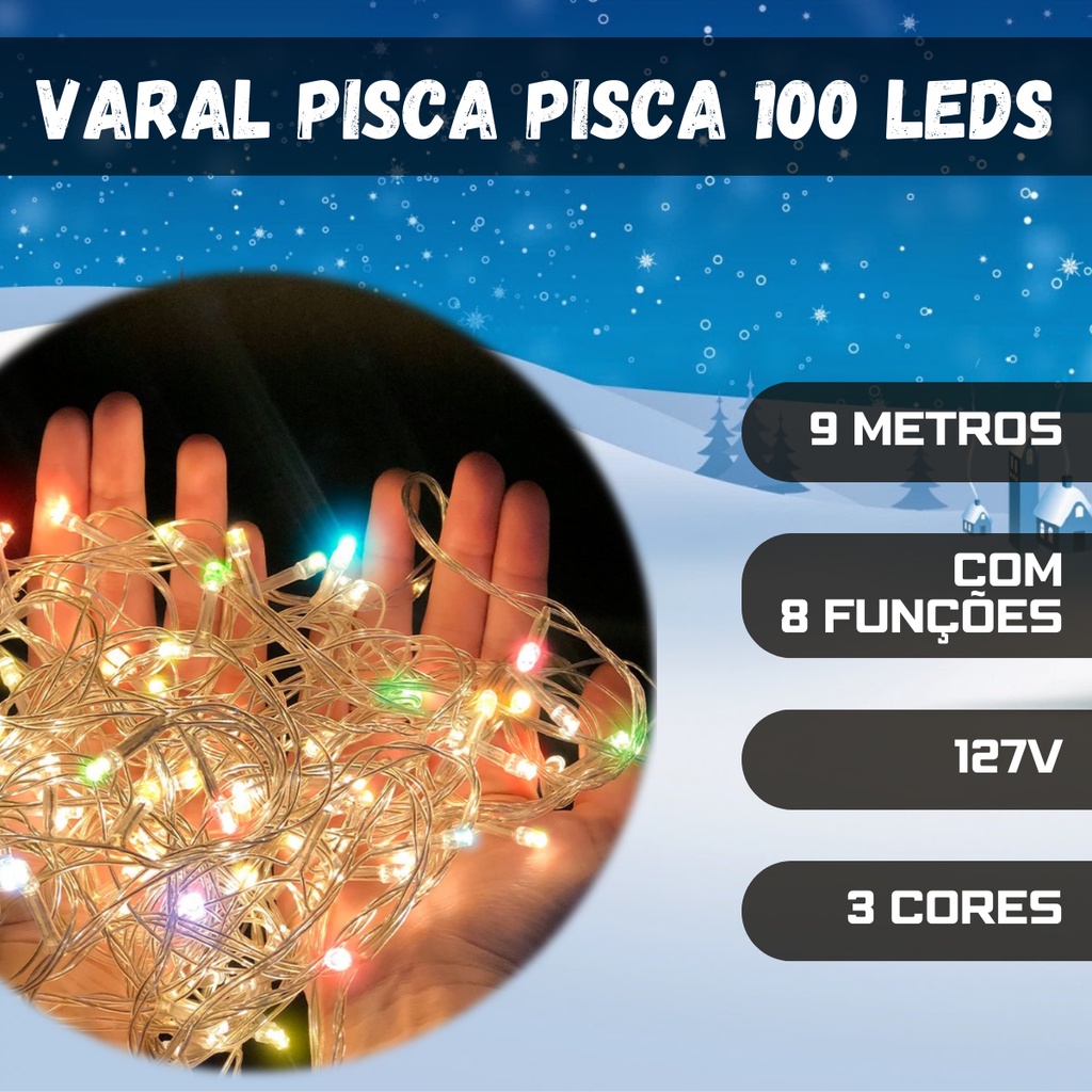 Varal Pisca Pisca 100 LEDs Coloridos de 9 Metros com 8 funções | Shopee ...