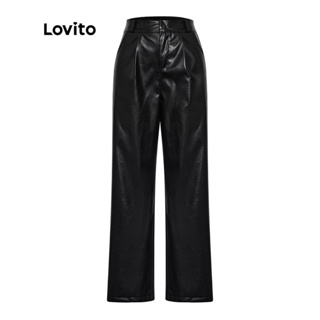 Lovito Calça Feminina De Bolso Casual Botão De Bolso Frontal Em Couro Falso L39Ad068 (Preto)