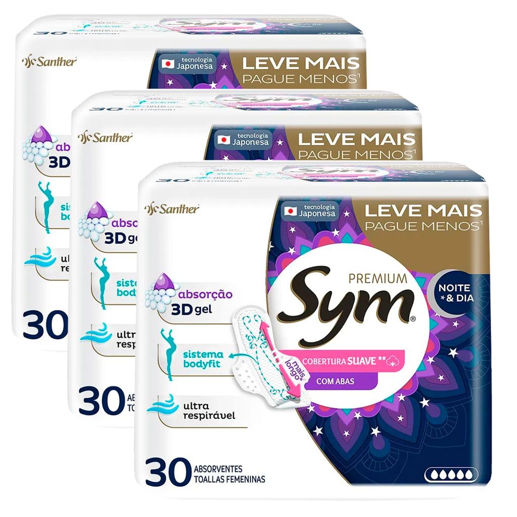 Kit 3 Absorvente Sym Premium Noturno Com Abas Suave Com 30 Unidades ...