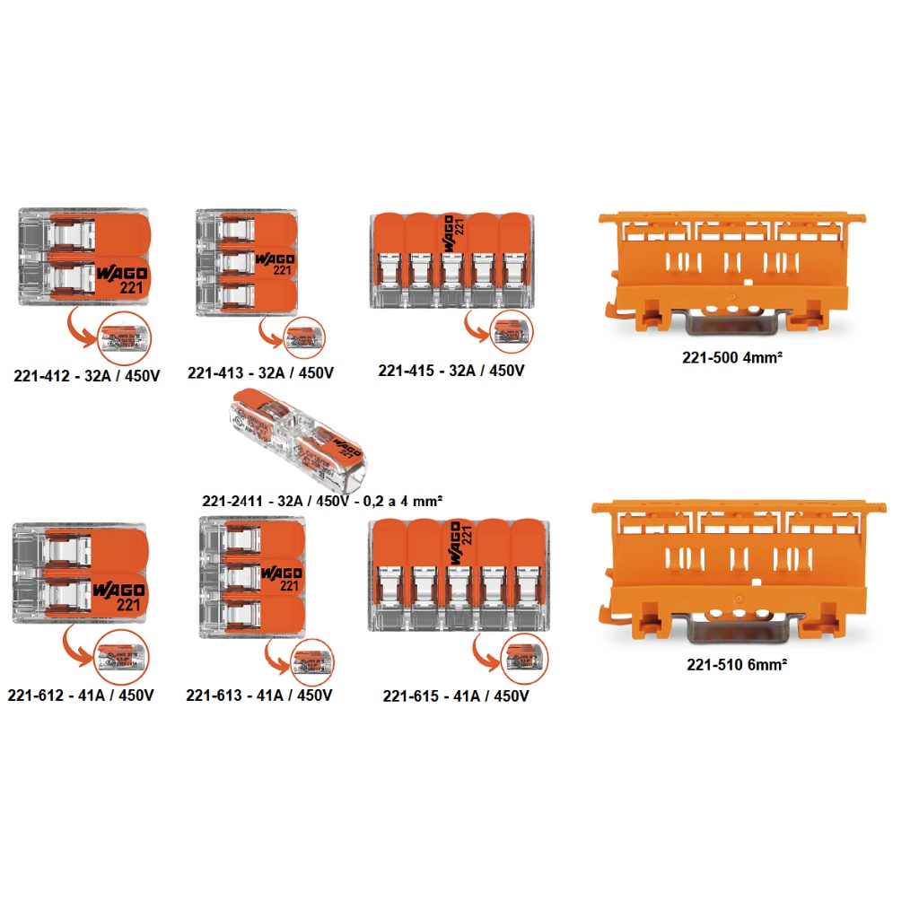 Conector Terminal Wago Inline Original - 2 Pólos 221-2411 Para Cabos e Fios  - Até 4mm