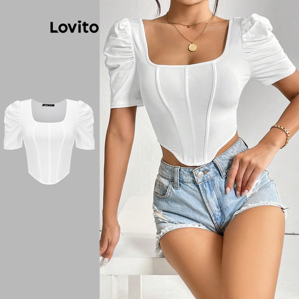 Lovito Elegante Lisa Camiseta Feminina de Linha Estruturada Redonda e Manga Bufante L62ED042 (Branca)