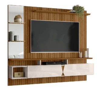 Painel para TV até 55 Polegadas com Espelho 1,83m Intense Ripado Impressão 3D Freijó/Off White Perol