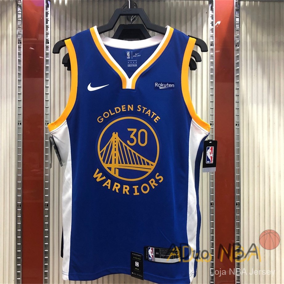 Hot pressed Camisa De Basquete NBA Golden State Warriors #30 Stephen Curry Azul Icon Edition jerseys sponsor logo