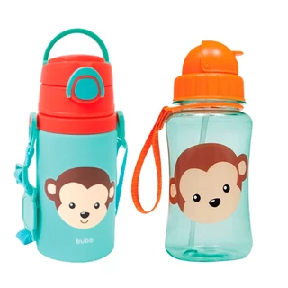Kit Volta às Aulas Garrafinha Térmica/Plástica Animal Fun Macaco Buba Garrafa Canudo Silicone s/ BPA