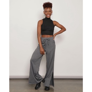 Calça Feminina Wide Leg com Fenda Mescla Cinza