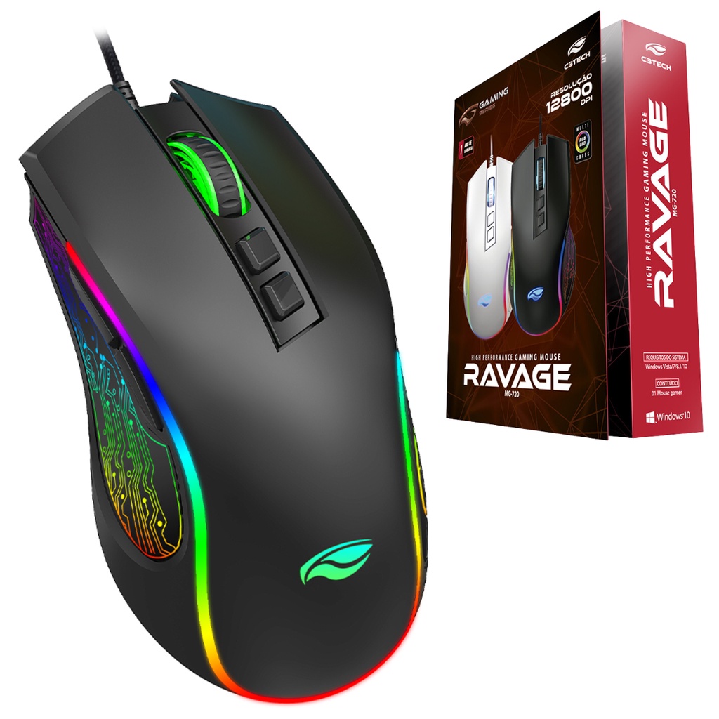 Mouse Gamer USB Ravage RGB 12.800Dpi MG-720BK Preto C3Tech | Shopee Brasil