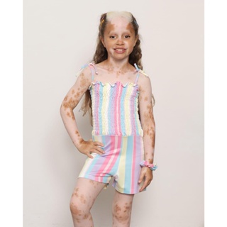 Macaquinho Infantil Lastex Alcinha Arco Iris Rosa
