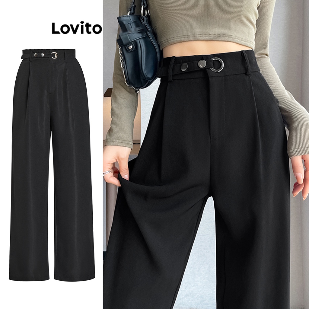 Lovito Casual Calça Feminina Lisa com Cinto e Ilhós de Metal L68ED103 (Preta)