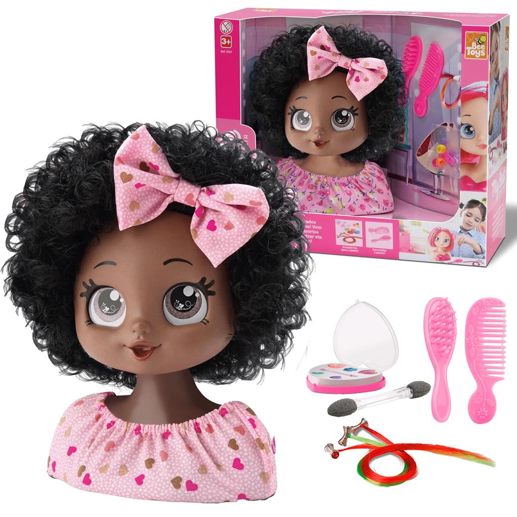 Boneca Busto Infantil Kit Maquiagem Pentear Com Acessorios Negra Cabelo  Cacheado Pente Aplique Maquiadora - Bee Toys