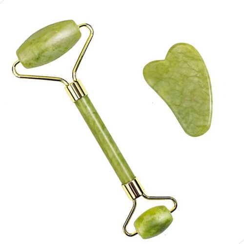 Rolo Pedra De Jade + Placa Gua Sha Massagem Facial Anti Ruga Original