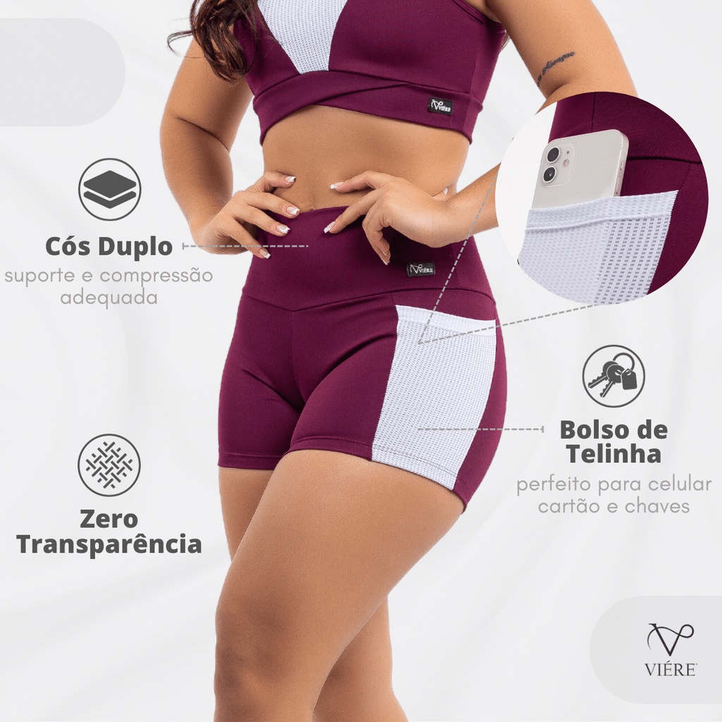 Short Legging Fitness Feminino com Bolso Lateral, Cós Alto