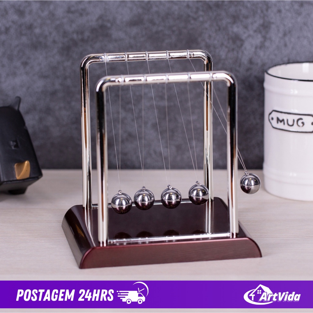 Pêndulo de Newton Decoração Alta Qualidade para Sala e Escritório, Elegante, Ornamental, Aprendizagem, Base Vinho, Bolas de Metal, Cordas de Nylon, 3 Tamanhos - ArtVida