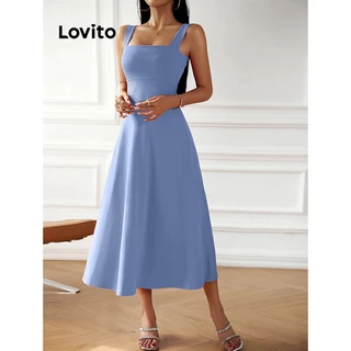 Lovito Vestido com Amarração Simples Elegante para Mulheres LNL35071 (Damasco/Azul)