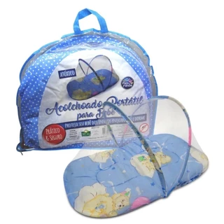 Mosquiteiro Infantil Tenda Cama Berço Dobrável Azul Acolchoado Leve Portátil Mini Cercadinho Prático Reforçado