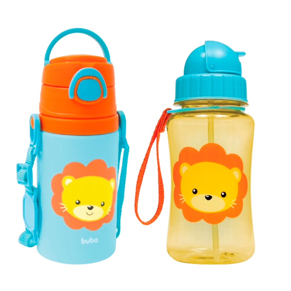 Kit Volta às Aulas Garrafinha Térmica/Plástica Animal Fun Leão Buba ...