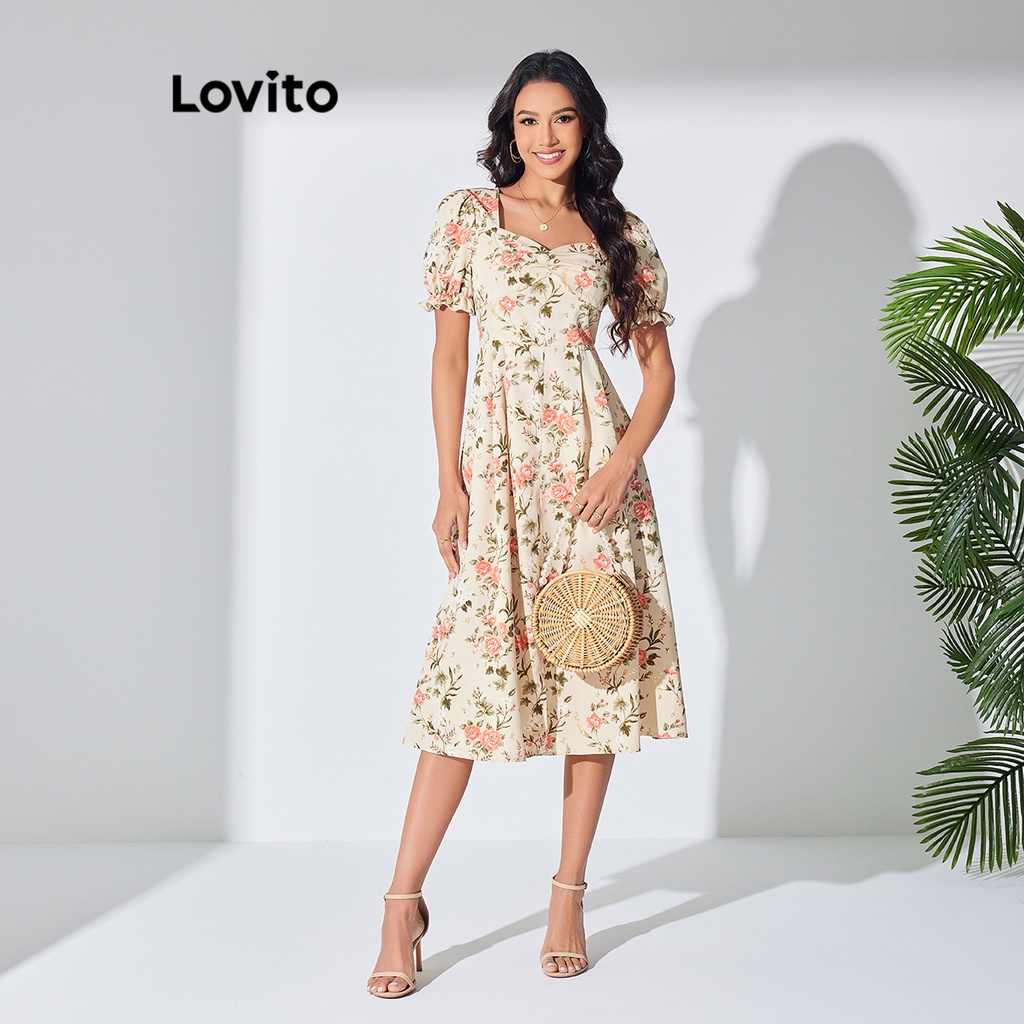 Lovito Elegante Vestido Feminino Florido e Linha Estruturada com Cordão Manga Bufante e Gola Sweetheart LBL07206