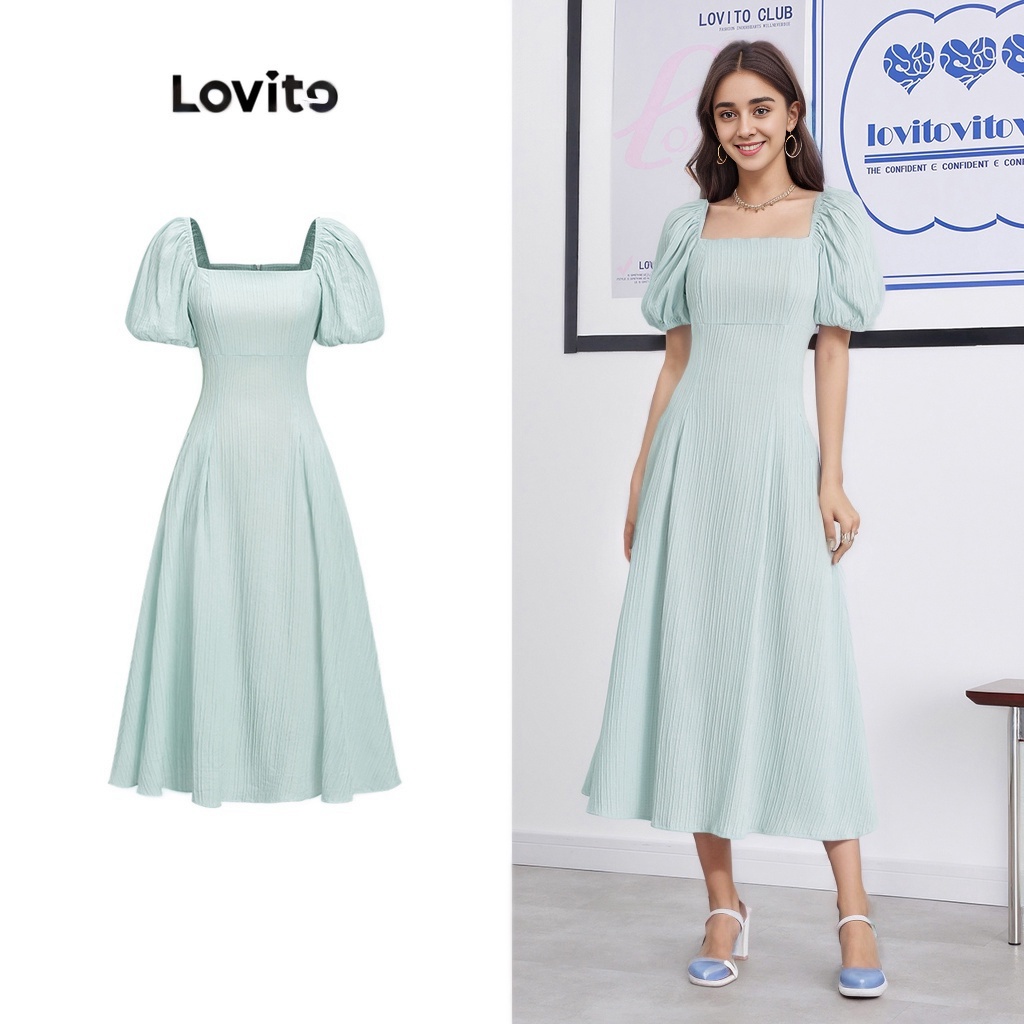 Lovito Casual Vestido Feminino Liso Plissado L58AD091 (Azul Claro)