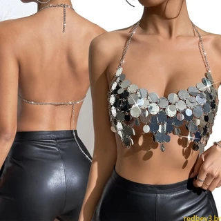 Biquínis Lantejoulas Vermelhas Brilhantes Bras Crop Top Corrente Metal Tassel Hem Camisole Para Festa Boate