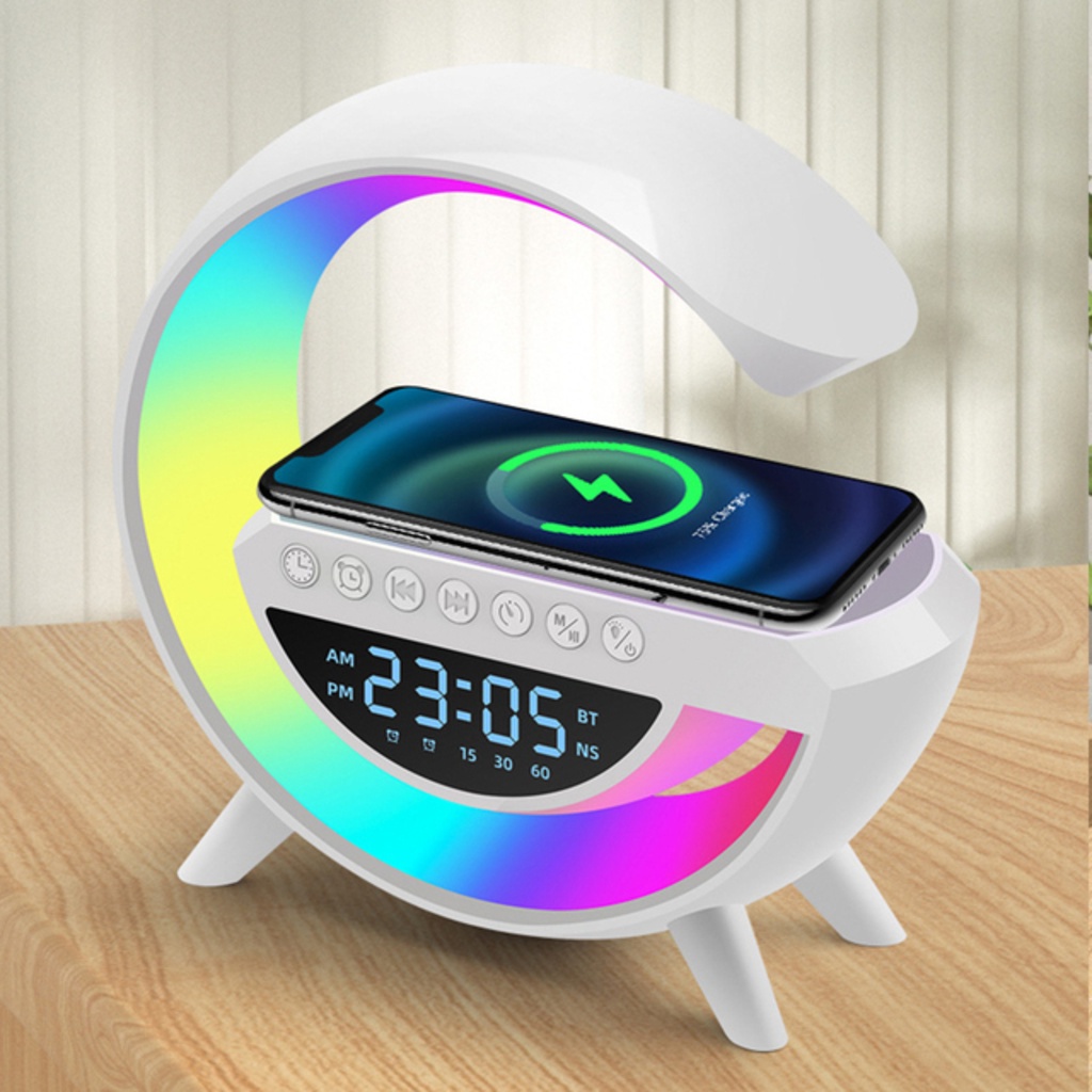 Caixa De Som Led Luminária Bluetooth Alto-Falante Carregador Sem Fio Lâmpada De Mesa RGB Alarme Relógio