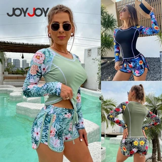 Biquíni Sexy de Duas Peças para Praia, Maiô de Manga Longa Feminino Estilo Conservador, Proteção Solar UV, Boxer Estampa em Oferta na Shopee