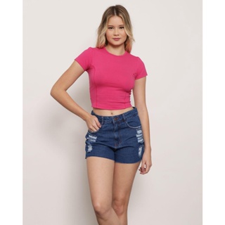 Blusa Feminina Cropped Manga Curta Recortes Rosa