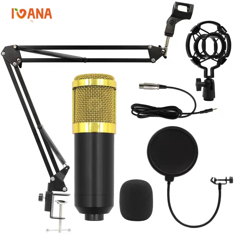 Kit Microfone Profissional Completo Bm800 Dourado com Pop Filter Aranha Braço Articulado