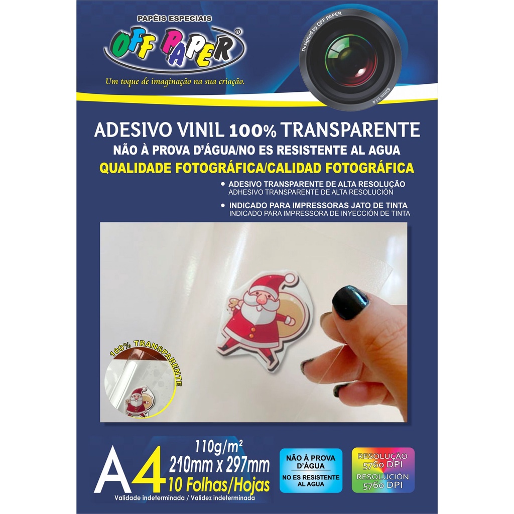 Vinil Adesivo 100% Transparente 110g A4 10 Folhas Off Paper