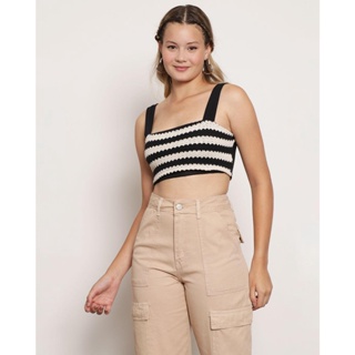 Regata Feminina Cropped Tricô Bicolor Preta