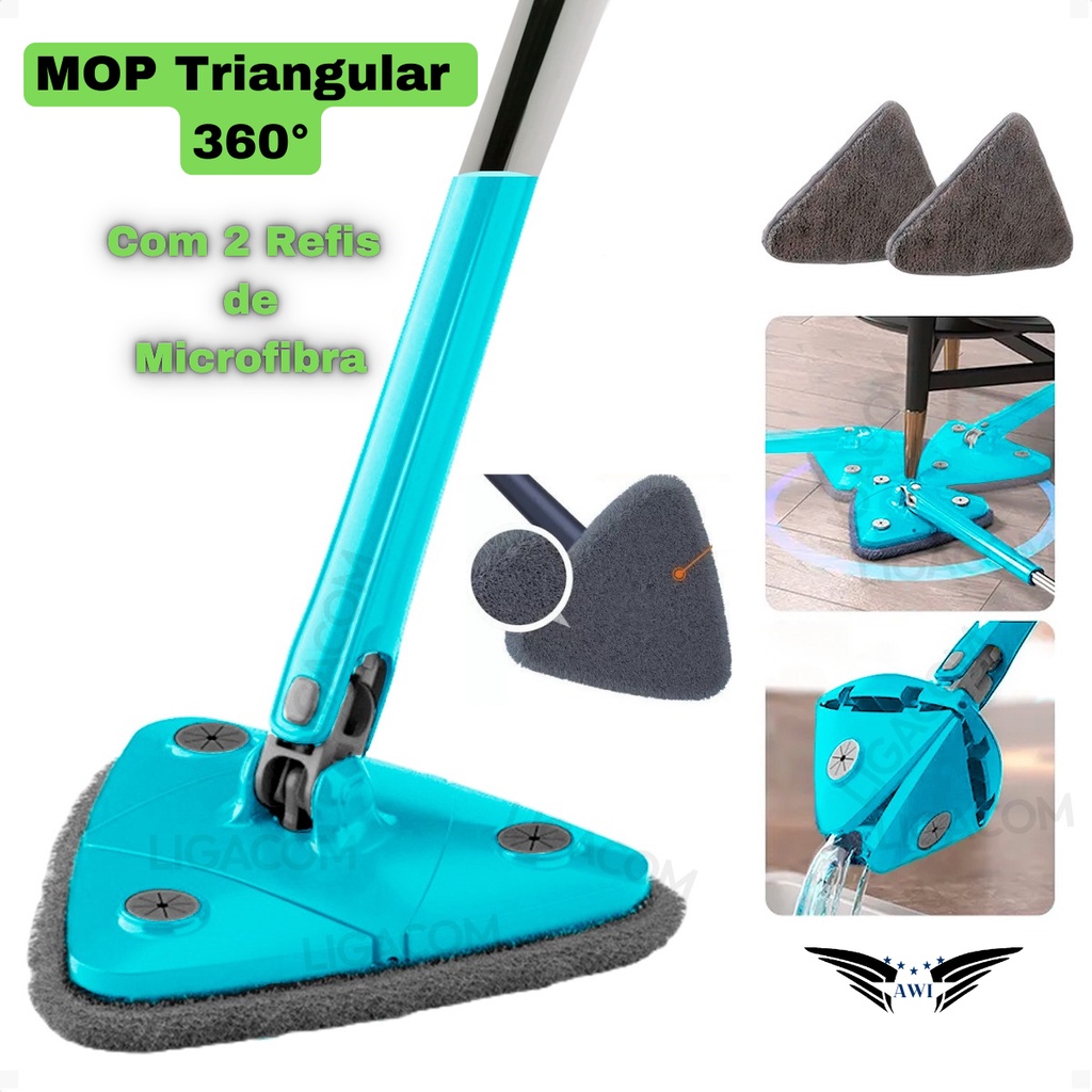 MOP Esfregão Triangular 360° Giratório 2 Refis de Microfibra Multiuso Para Diversos Tipos de Pisos