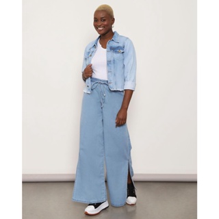 Calça Jeans Feminina Pantalona Com Fenda Azul