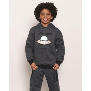 Blusão Moletom Infantil Estampa Interativa Nave Espacial Cinza