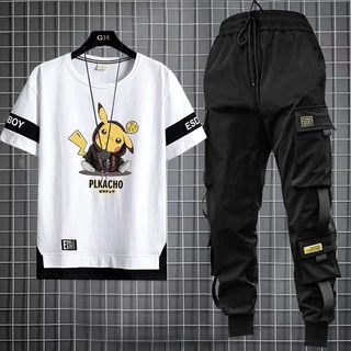 Calça De Carga Masculina Estilo Hip Hop Joggers + Conjunto De Homens Com Camiseta Casual Manga Curta